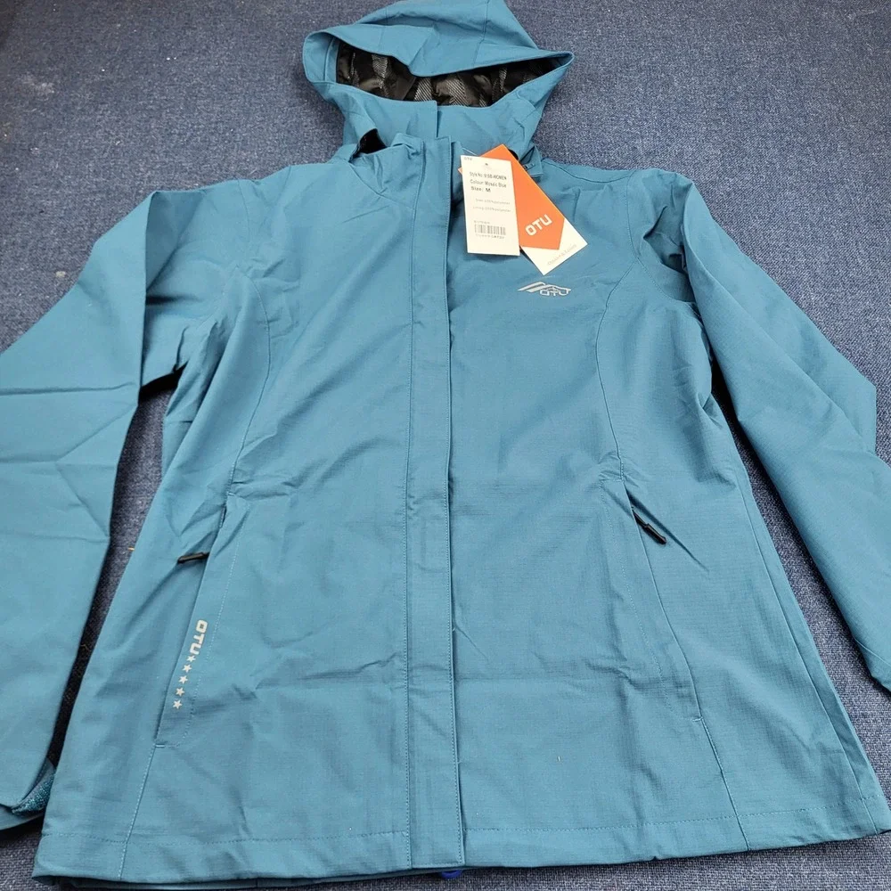 OTU Womens Waterproof Rain Jacket Mosaic Blue Hooded Windbreaker Medium Outdoor